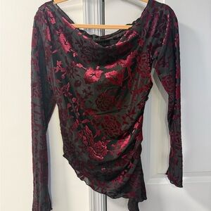 Princess Polly Velvet Floral Long Sleeve Top - Black and Red